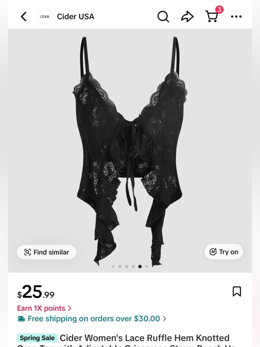 Cider Black Lace Ruffle-Hem Knotted Crop Top